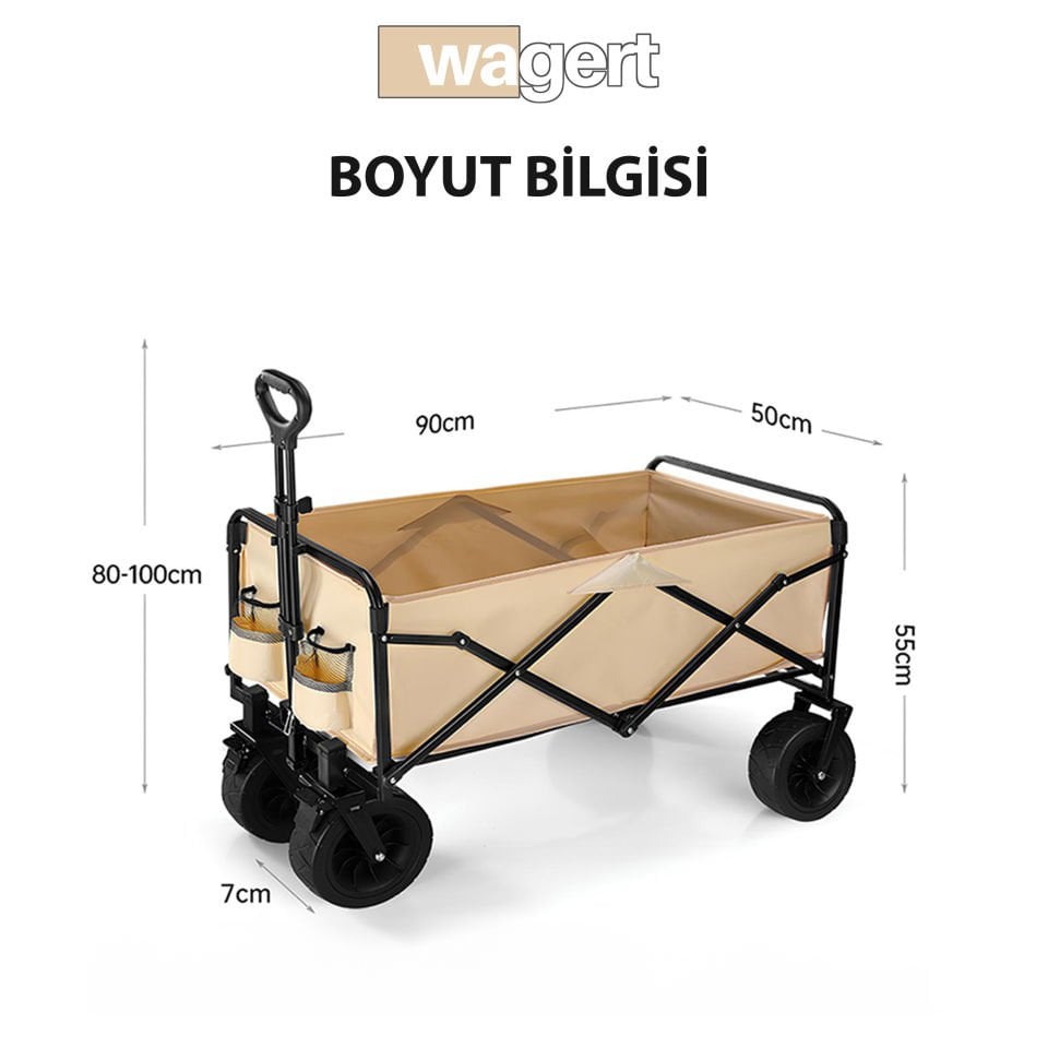 Büyük Boy Katlanabilir Kamp Arabası – Alüminyum Gövdeli Taşıma Vagonu Piknik ve Seyahat İçin haki Krem