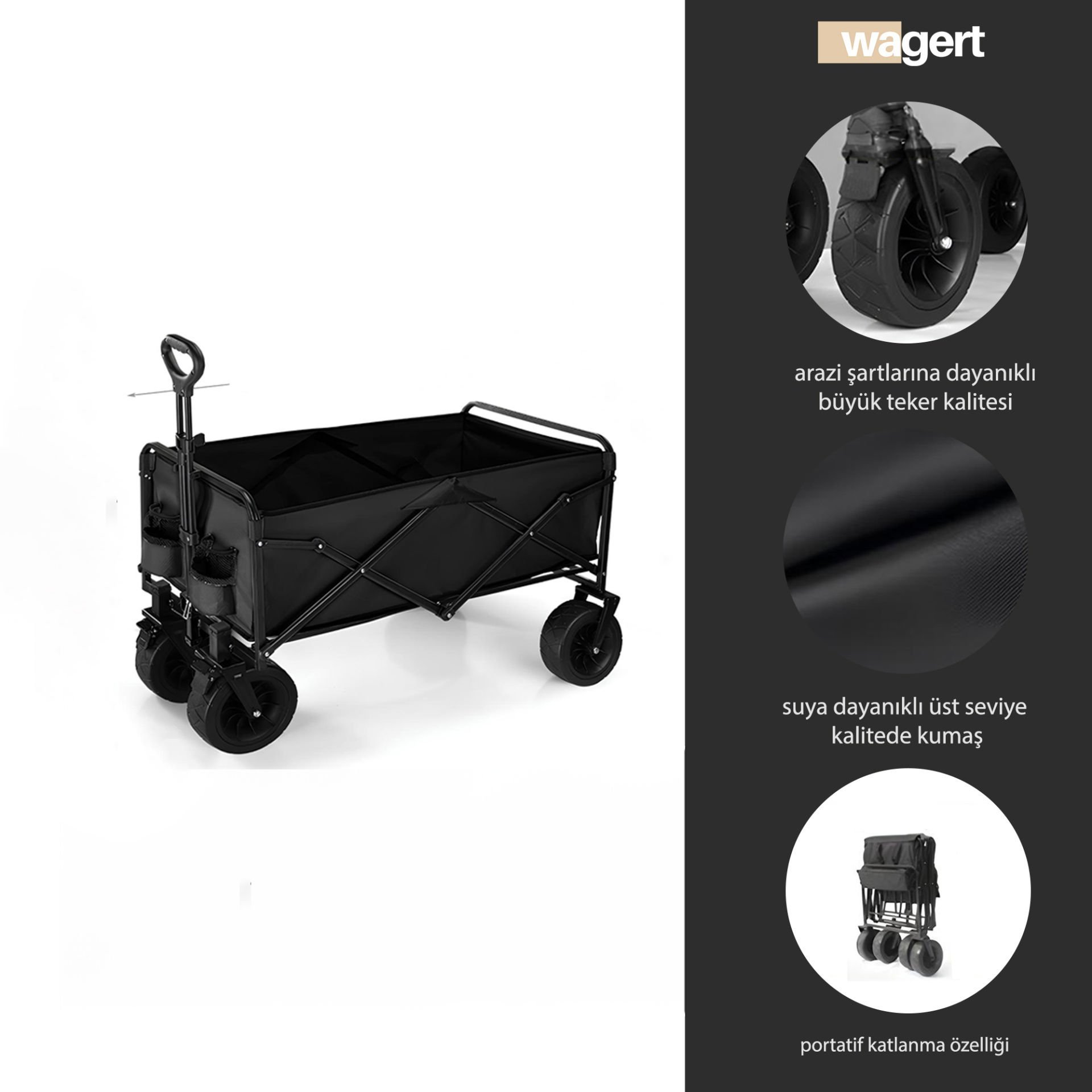 Büyük Boy Katlanabilir Kamp Arabası – Alüminyum Gövdeli Taşıma Vagonu Piknik ve Seyahat İçin haki Siyah