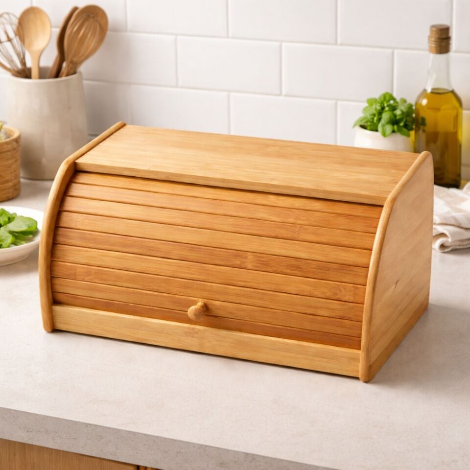 Bambu Kapaklı Ekmek Dolabı - Rustik Tasarım Ahşap Ekmeklik