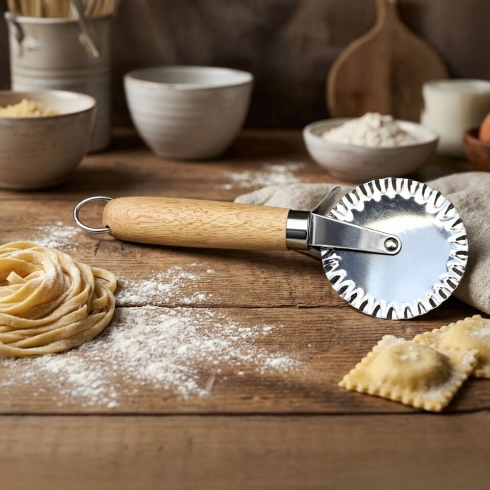 Paslanmaz Çelik Hamur Kesici Makaron Mantı Kesme Aleti Ahşap Saplı Mutfak Gereçleri