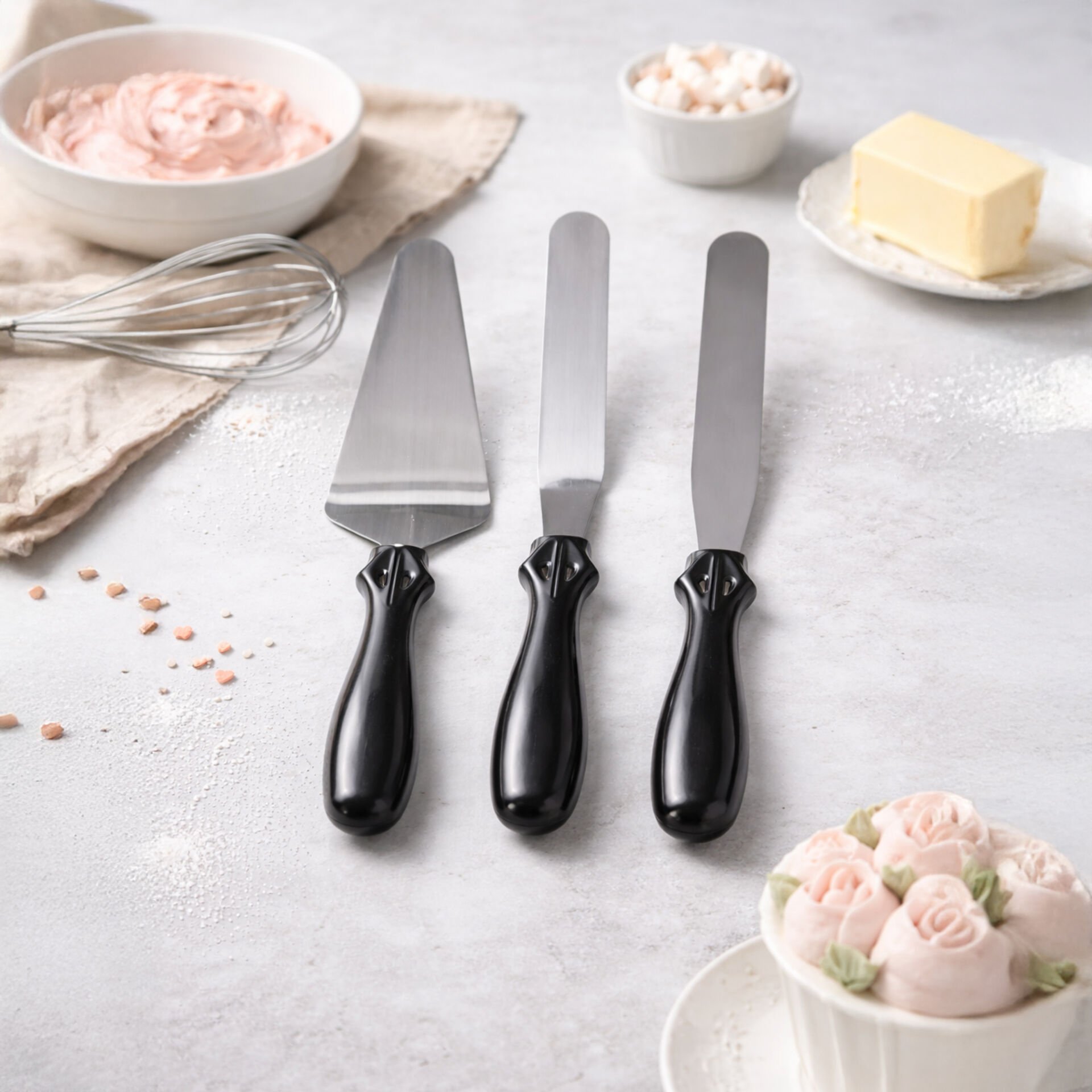 3'lü Siyah Saplı Paslanmaz Çelik Pasta Bıçağı Spatula Seti