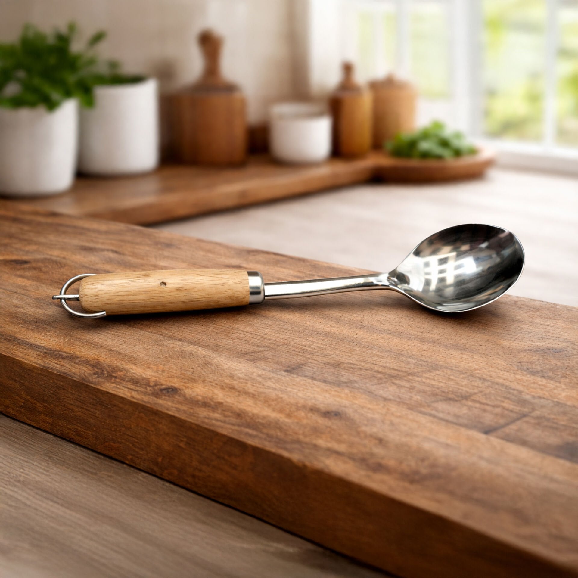 Ahşap Saplı Paslanmaz Çelik Servis Kaşığı - Mutfak Kepçe