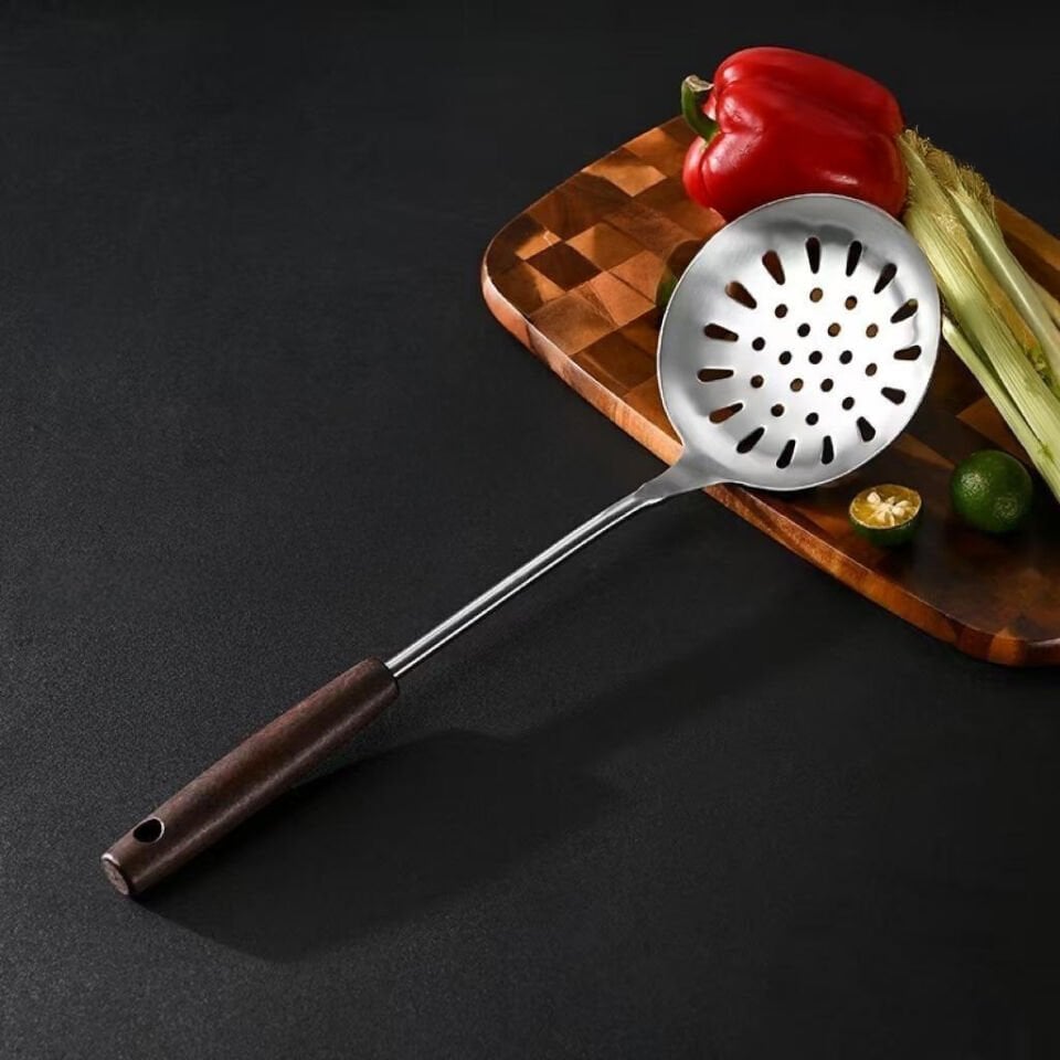 Paslanmaz Çelik Kevgir Süzgeç Kaşık Ahşap Saplı Mutfak Kevgiri
