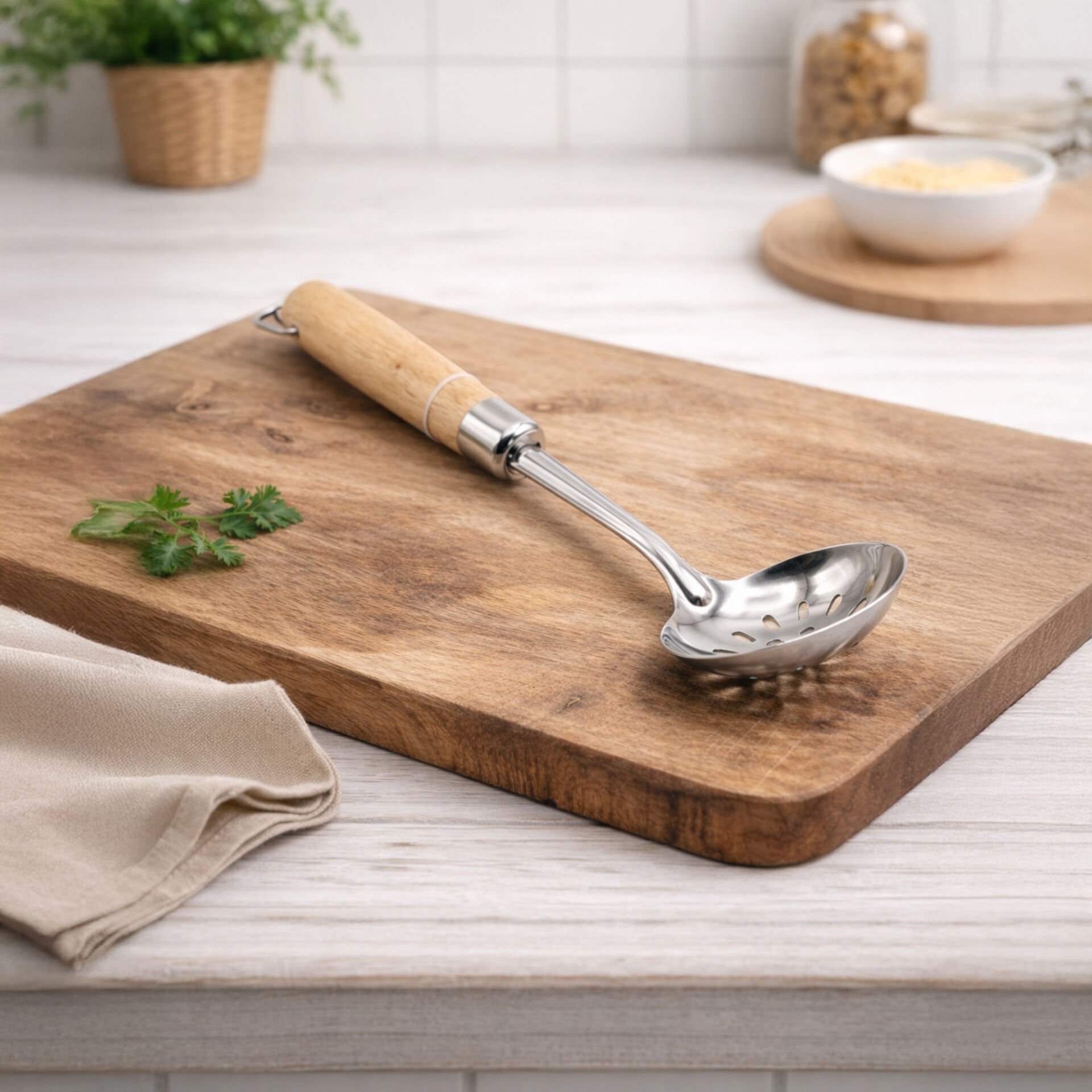 Ahşap Saplı Paslanmaz Çelik Delikli Servis Kaşığı Mutfak Kepçesi VD9224