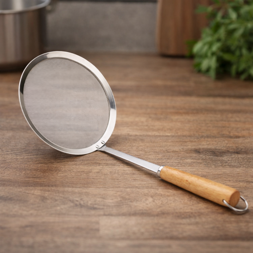 Ahşap Saplı Paslanmaz Çelik Yağ Süzgeç Kevgir Mutfak Süzgeci