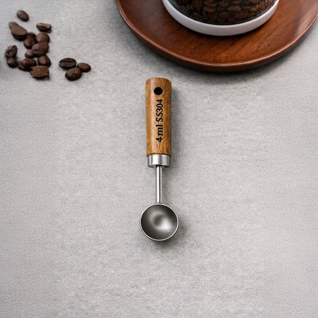 Ahşap Saplı Paslanmaz Çelik Kahve Ölçek Kaşığı 4 ml - Profesyonel Kahve Kaşığı
