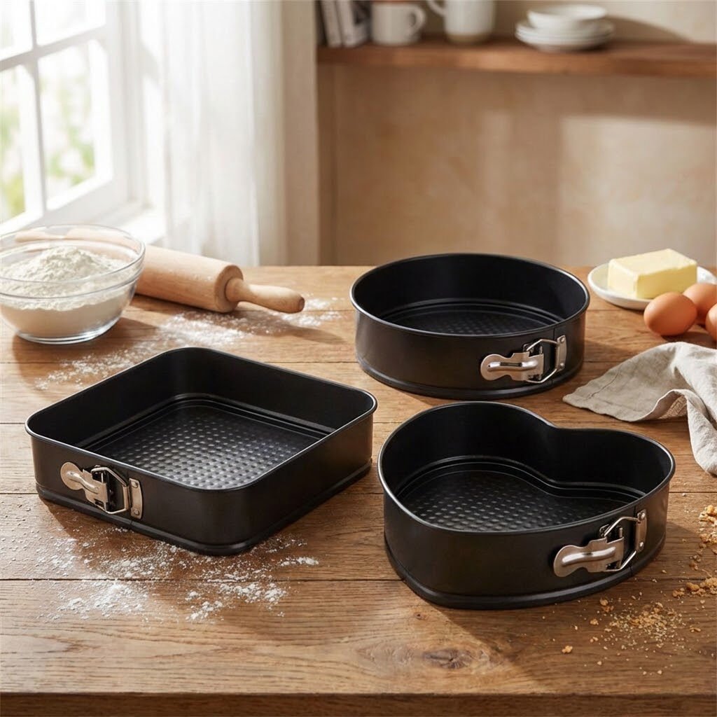 3'lü Siyah Karbon Çelik Kelepçeli Yanmaz Yapışmaz Kalpli Yuvarlak Kare Kek Kalıbı Seti