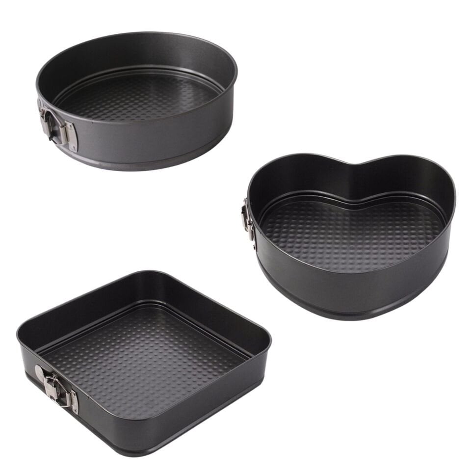 3'lü Siyah Karbon Çelik Kelepçeli Yanmaz Yapışmaz Kalpli Yuvarlak Kare Kek Kalıbı Seti
