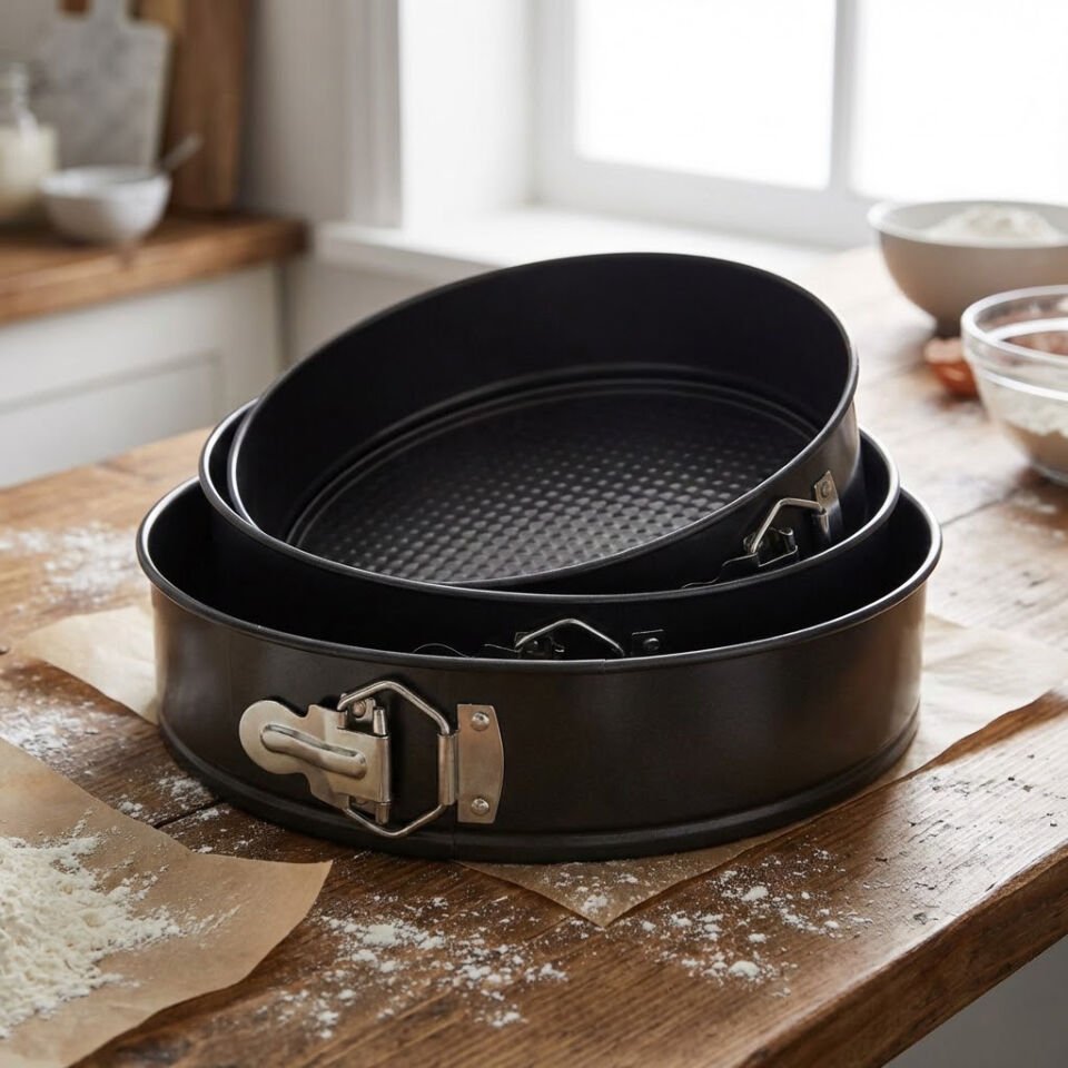 3'lü Siyah Karbon Çelik Kelepçeli Yanmaz Yapışmaz Yuvarlak Kek Kalıbı Seti