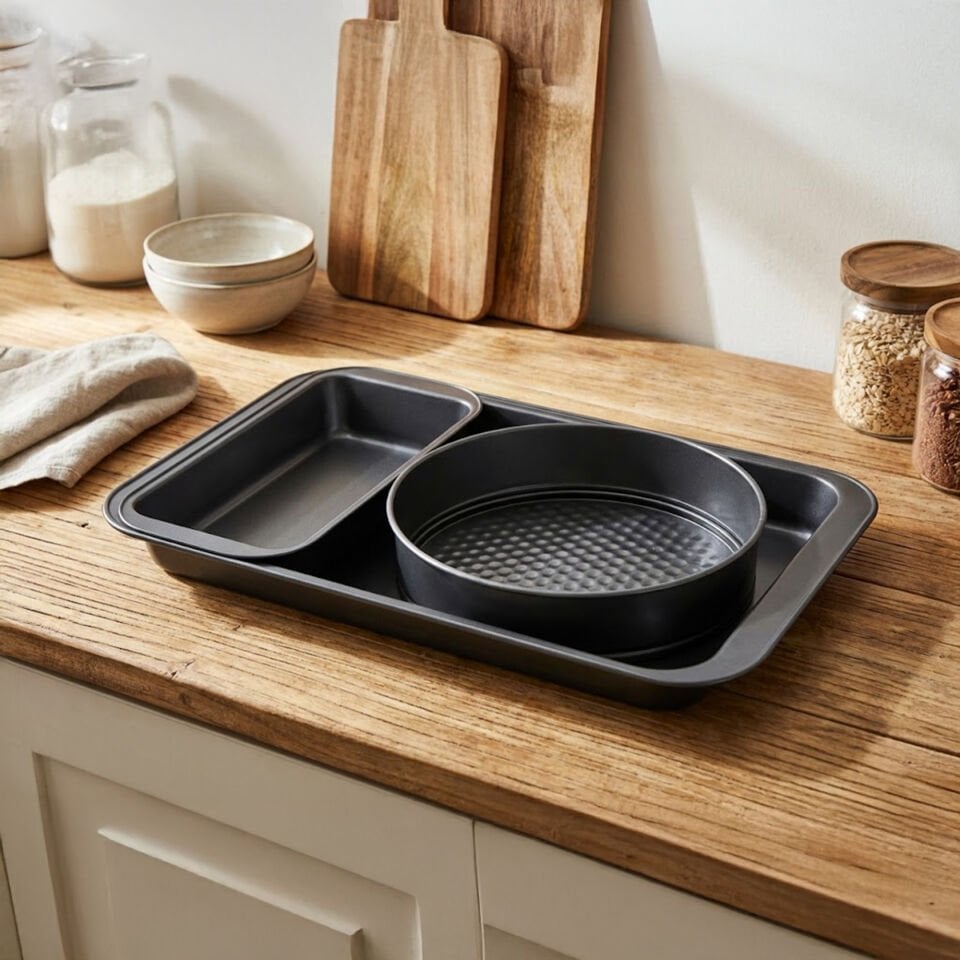 3'lü kek kalıbı seti Yapışmaz Yuvarlak Dikdörtgen Fırın Tepsisi Siyah