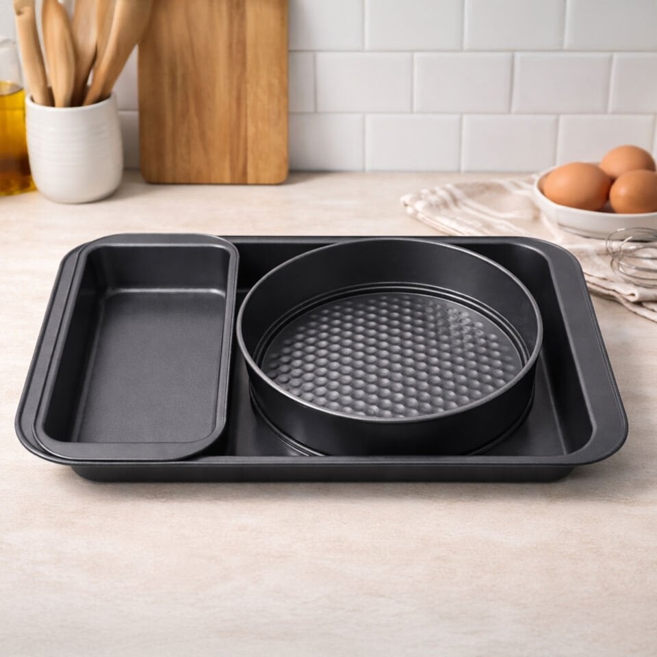 3'lü kek kalıbı seti Yapışmaz Yuvarlak Dikdörtgen Fırın Tepsisi Siyah
