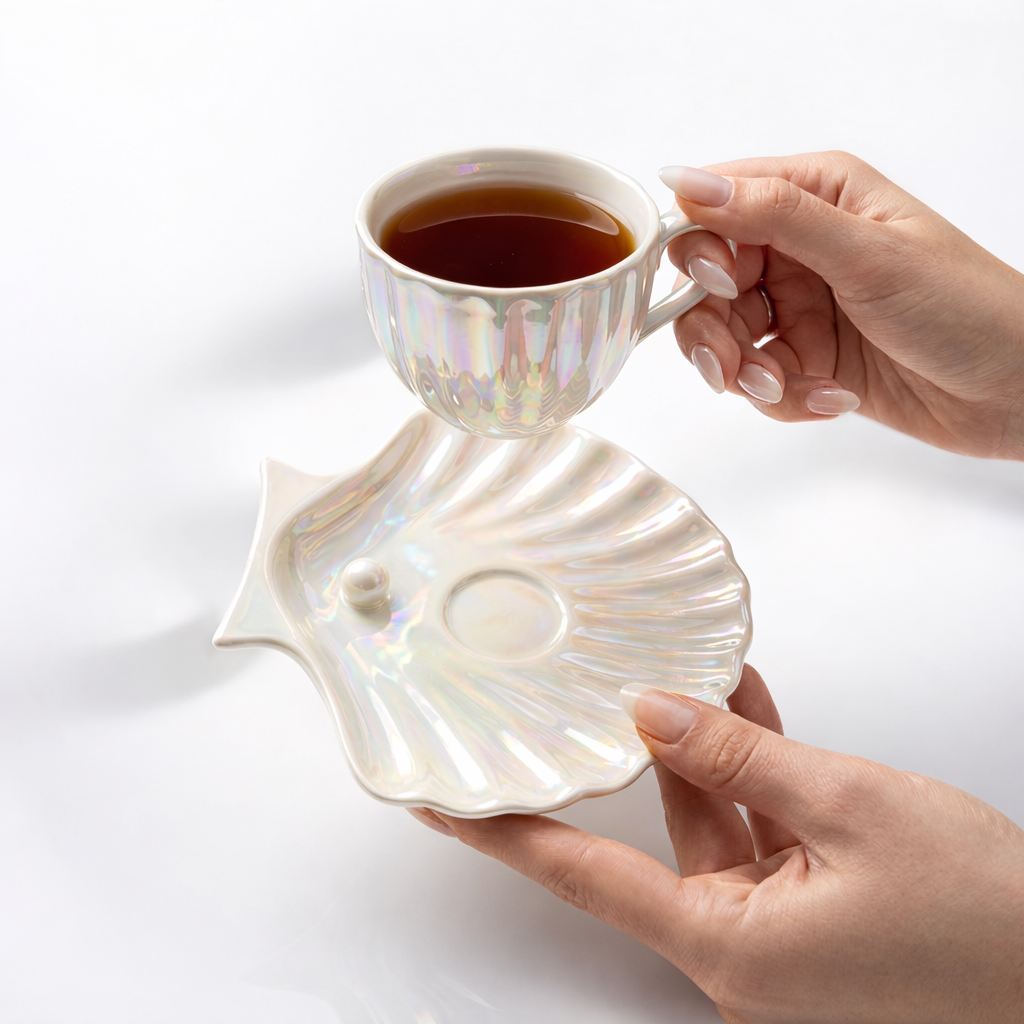 İstiridye Model Sedefli 2 Kişilik Porselen İstiridye Çay Fincan