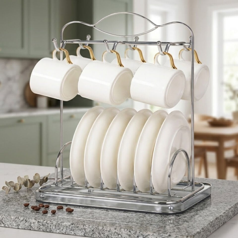 Gümüş Metal Fincan Tabak Standı Askılık Mutfak Düzenleyici Organizer Bulaşıklık
