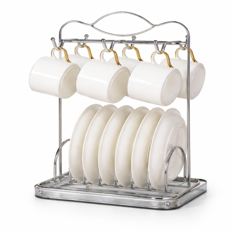 Gümüş Metal Fincan Tabak Standı Askılık Mutfak Düzenleyici Organizer Bulaşıklık