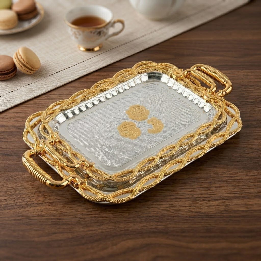 Altın Gül Desenli Lüks Sunum Tepsisi Gümüş Gold 2'li Set