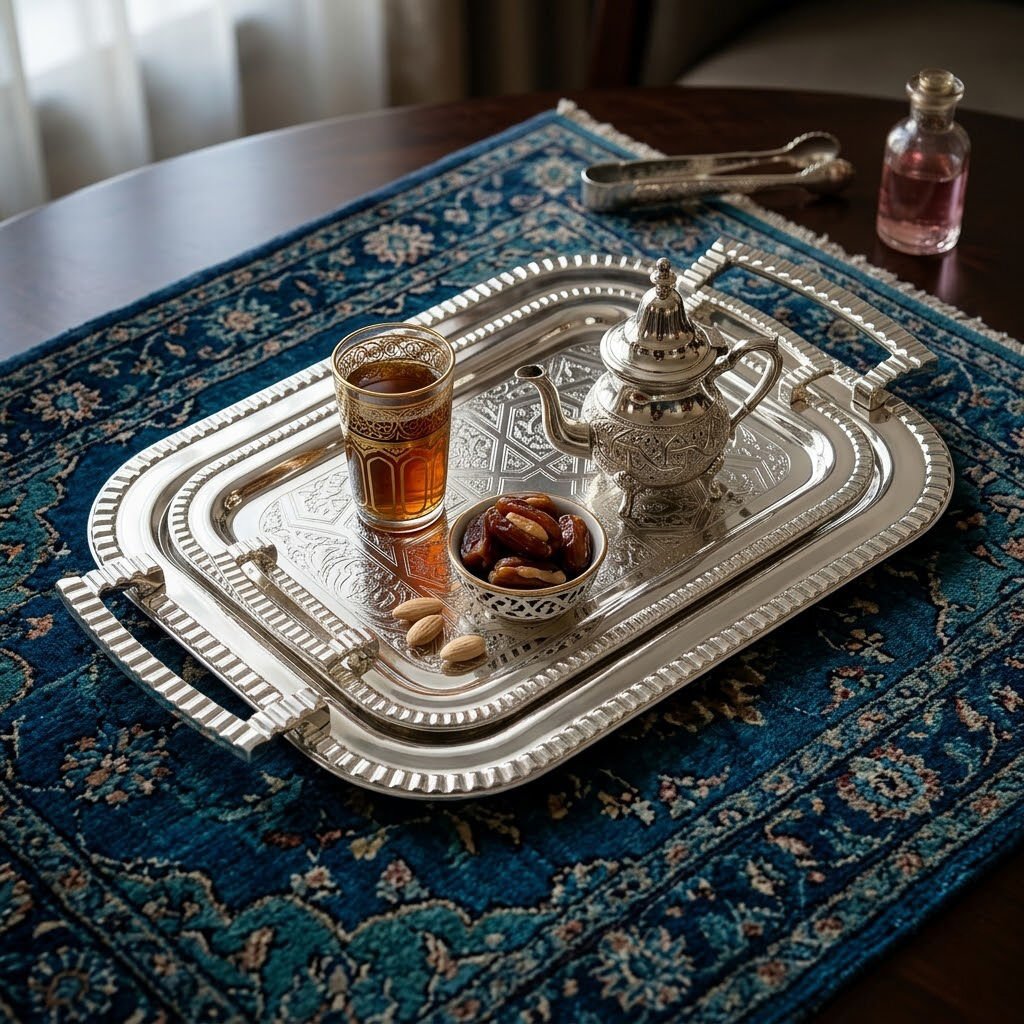 Gümüş Renk Kulplu Dikdörtgen Servis Tepsisi 2'li Set Özel Desenli