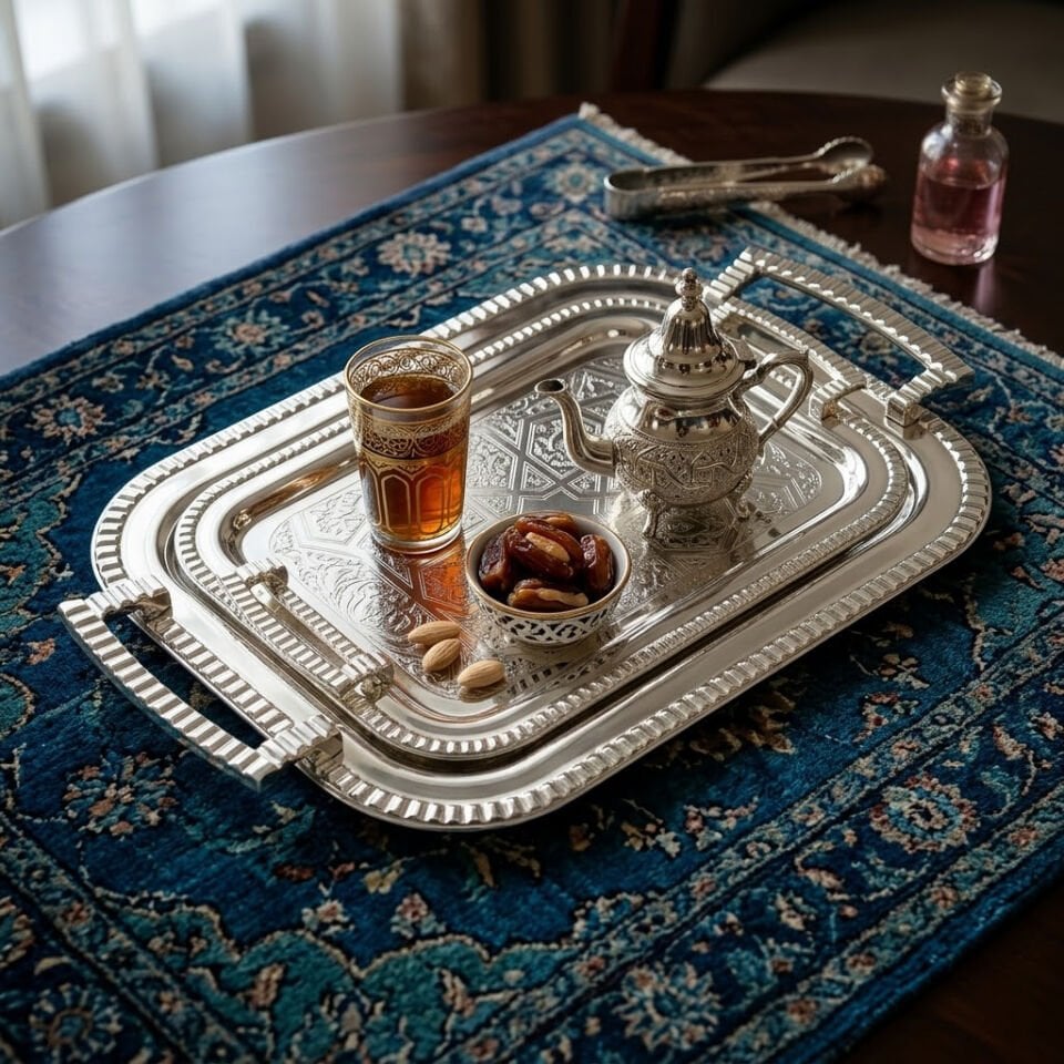 Gümüş Renk Kulplu Dikdörtgen Servis Tepsisi 2'li Set Özel Desenli