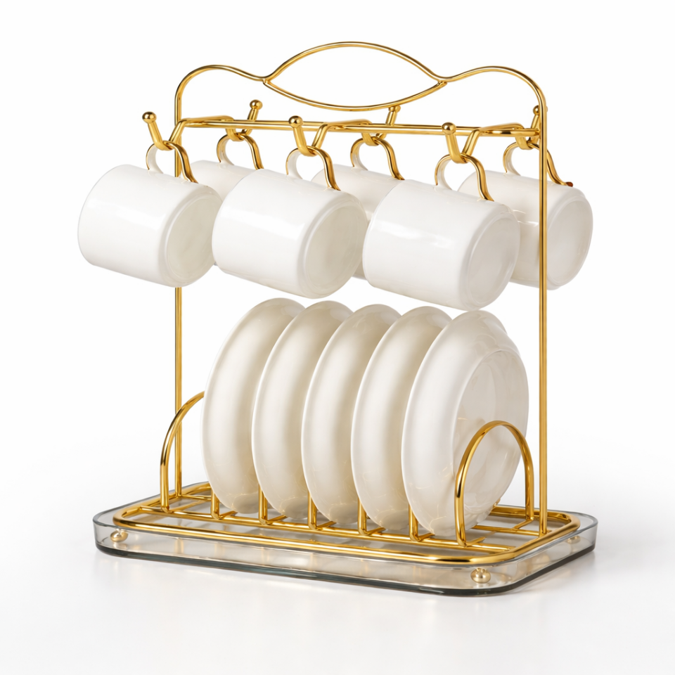 Gold Metal Fincan Tabak Standı Askılık Mutfak Düzenleyici Organizer Bulaşıklık