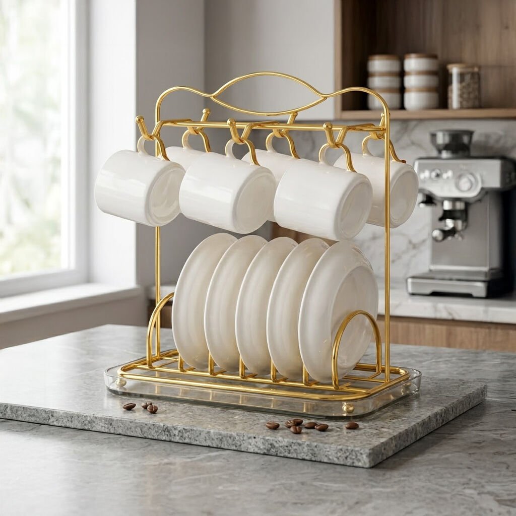 Gold Metal Fincan Tabak Standı Askılık Mutfak Düzenleyici Organizer Bulaşıklık