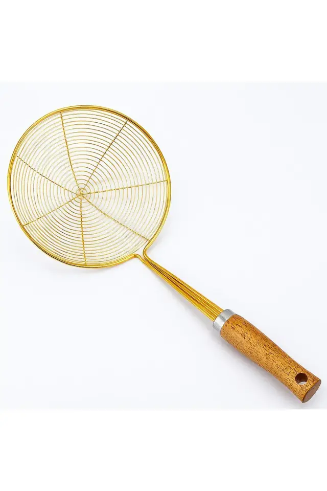 Ahşap Saplı Paslanmaz Çelik Kızartma Yağ Kepçesi Kevgiri Süzgeci Gold 18 cm