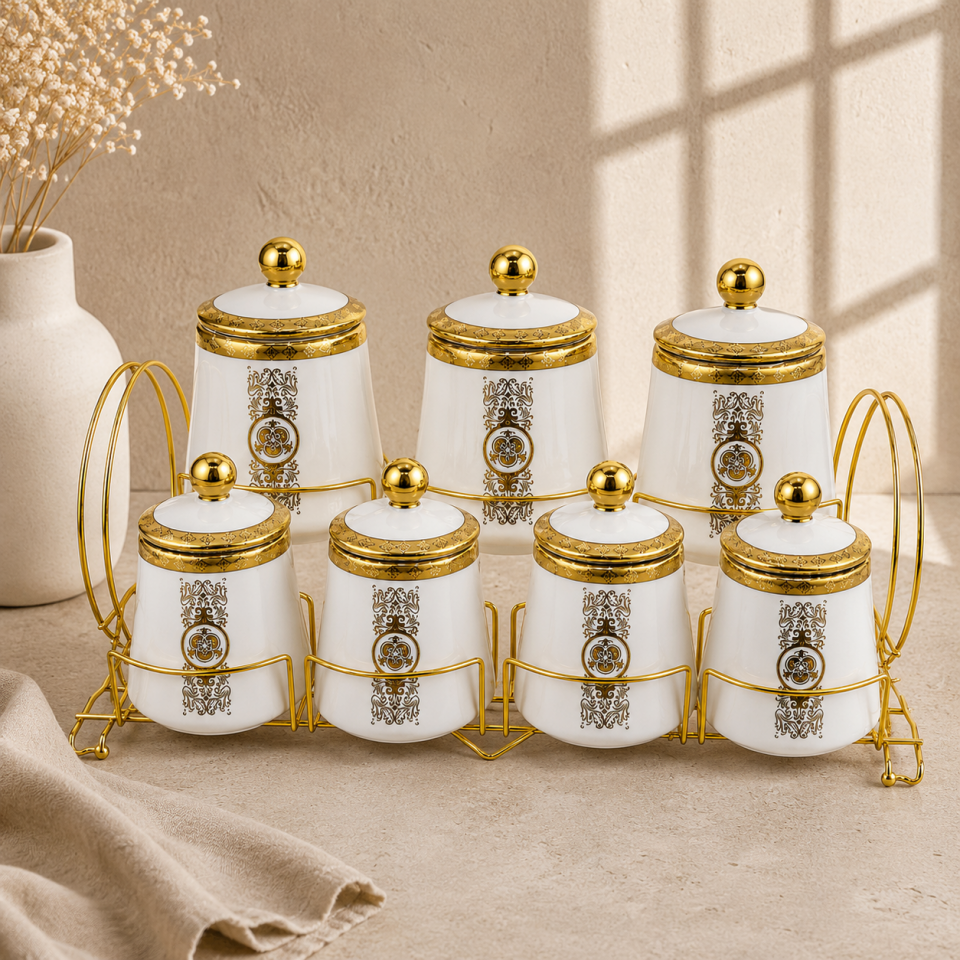 Altın Desenli Porselen Baharat Takımı 7'li Set Metal Standlı Kapaklı Saklama Kavanozu
