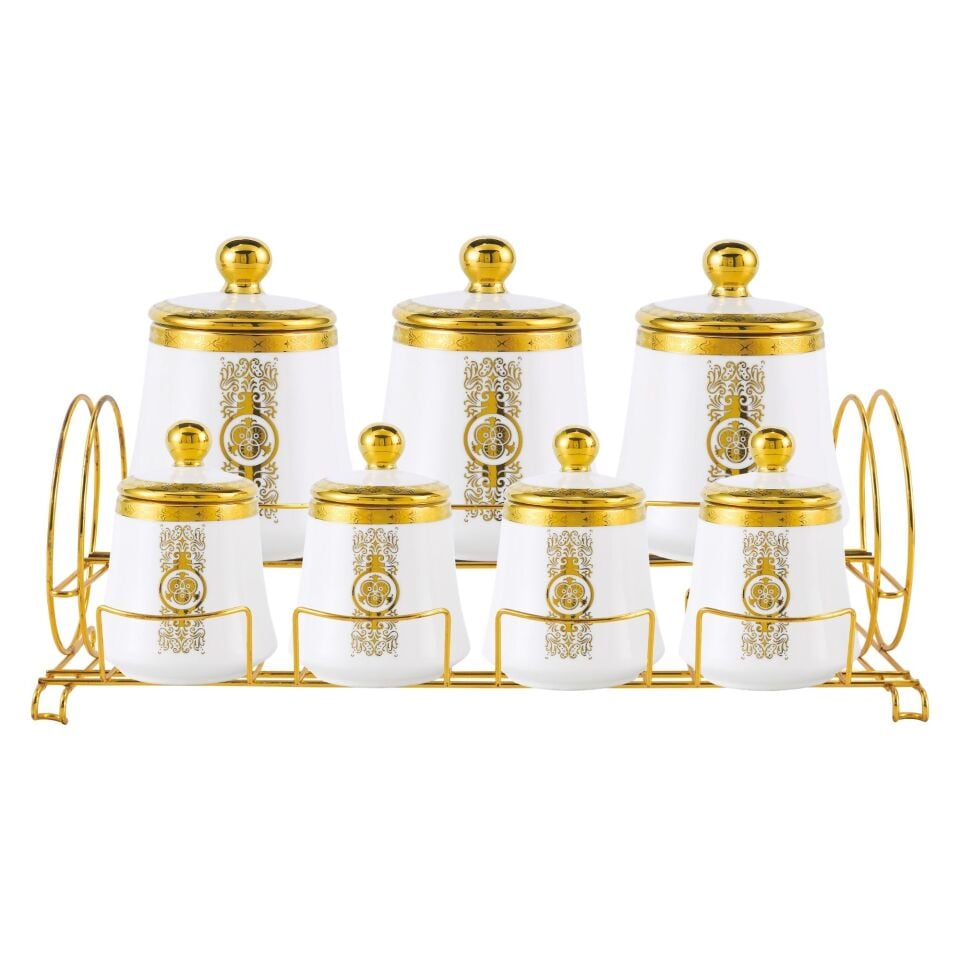 Altın Desenli Porselen Baharat Takımı 7'li Set Metal Standlı Kapaklı Saklama Kavanozu