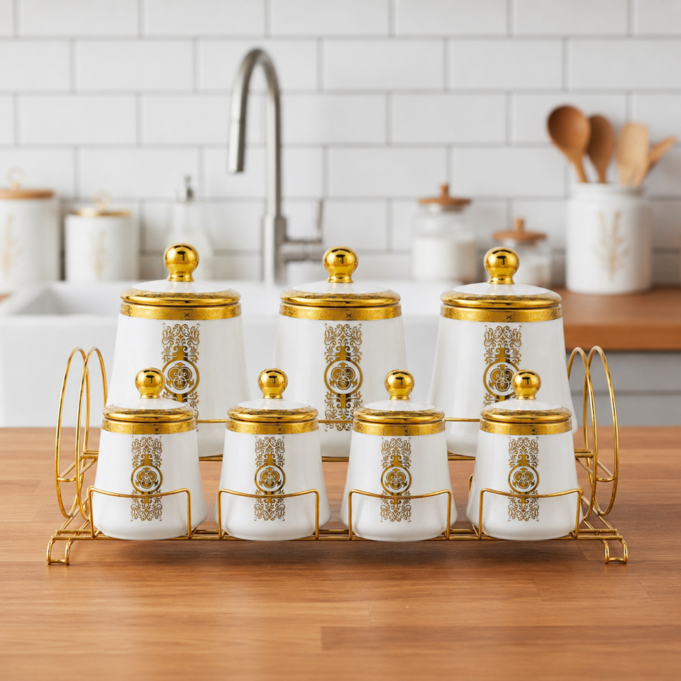 Altın Desenli Porselen Baharat Takımı 7'li Set Metal Standlı Kapaklı Saklama Kavanozu