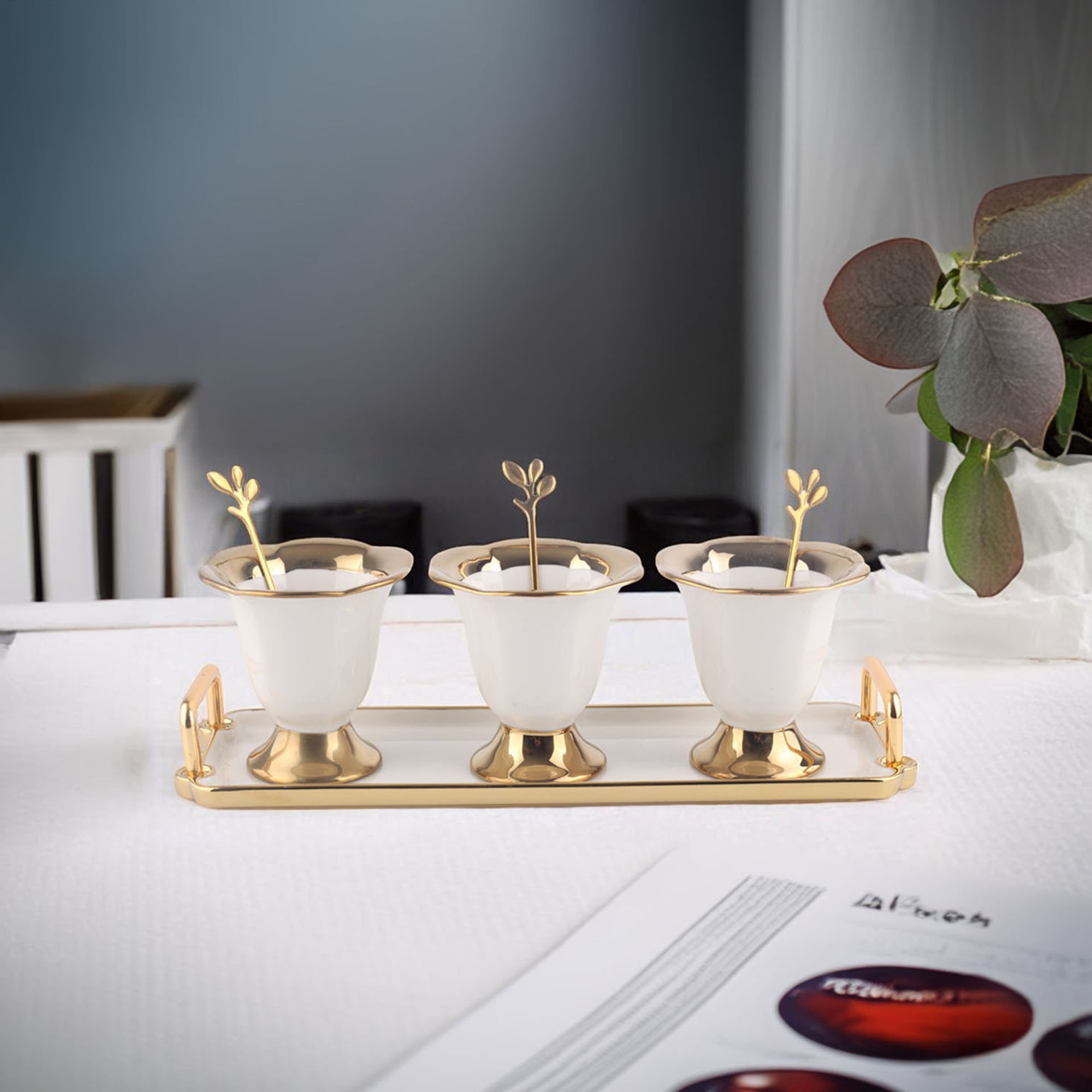 Autumn Gold Detaylı Metal Kaşıklı Porselen 3'lü Dondurma Kase Seti Çerezlik Reçellik Sosluk