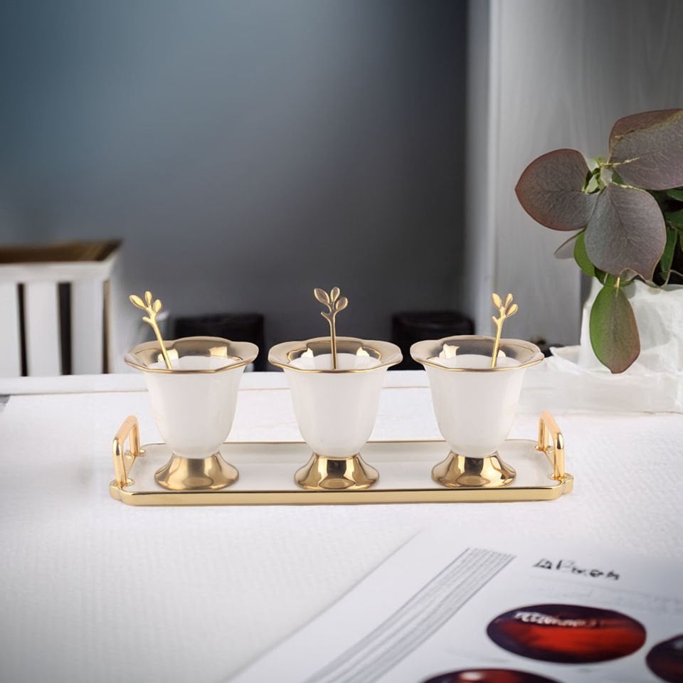 Autumn Gold Detaylı Metal Kaşıklı Porselen 3'lü Dondurma Kase Seti Çerezlik Reçellik Sosluk