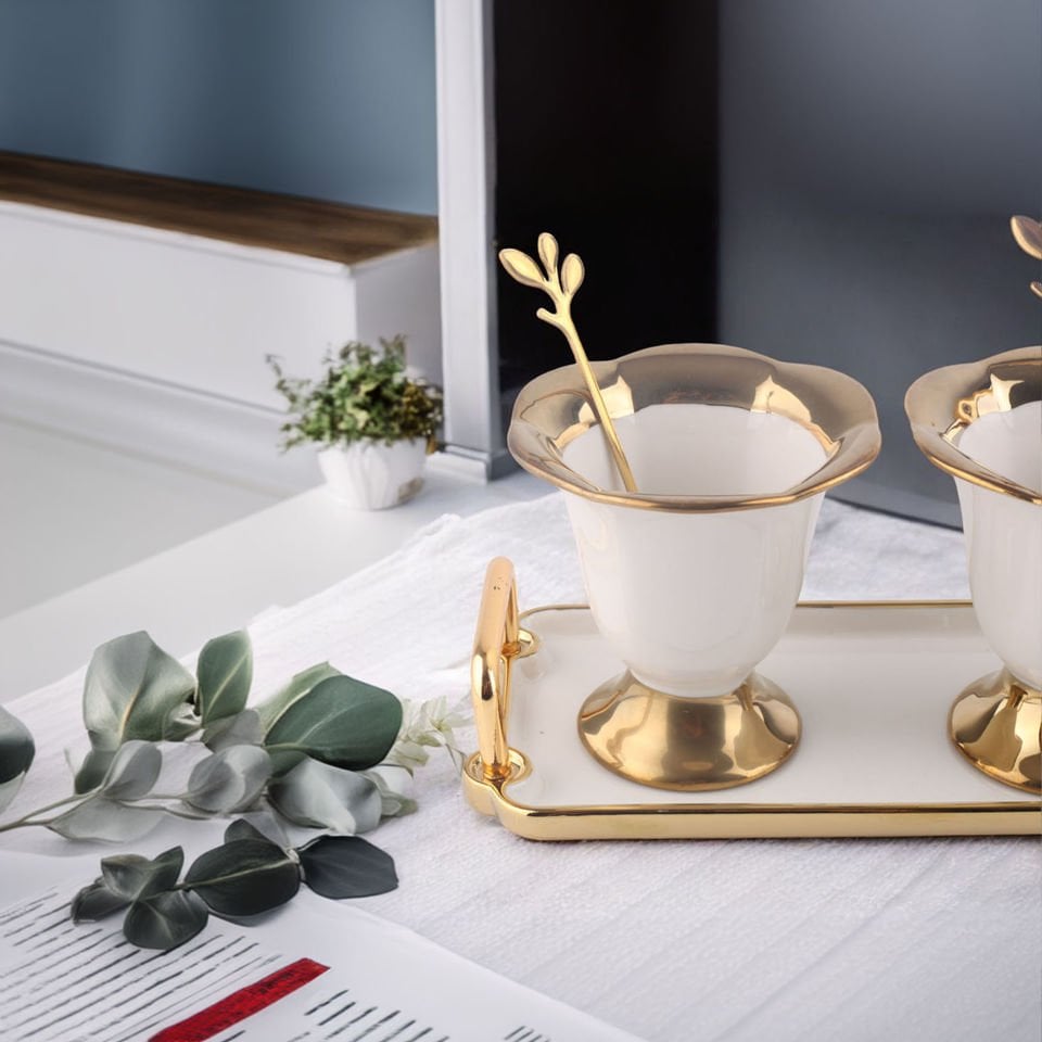 Autumn Gold Detaylı Metal Kaşıklı Porselen 3'lü Dondurma Kase Seti Çerezlik Reçellik Sosluk