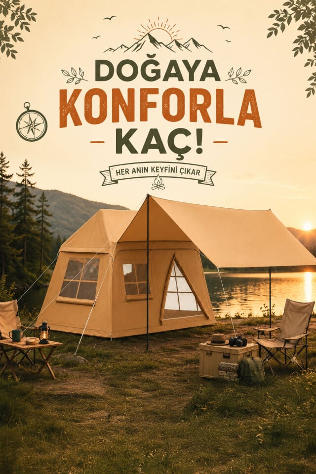 Tenteli Glamping Kamp Çadırı Su Geçirmez Geniş Yaşam Alanlı Aile Çadırı
