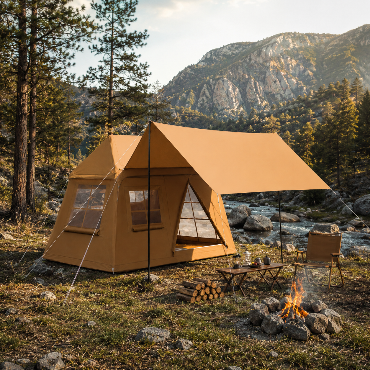 Tenteli Glamping Kamp Çadırı Su Geçirmez Geniş Yaşam Alanlı Aile Çadırı