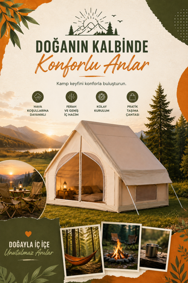 Büyük Boy Lüks Glamping Kamp Çadırı Su Geçirmez Geniş İç Hacimli Aile Çadırı