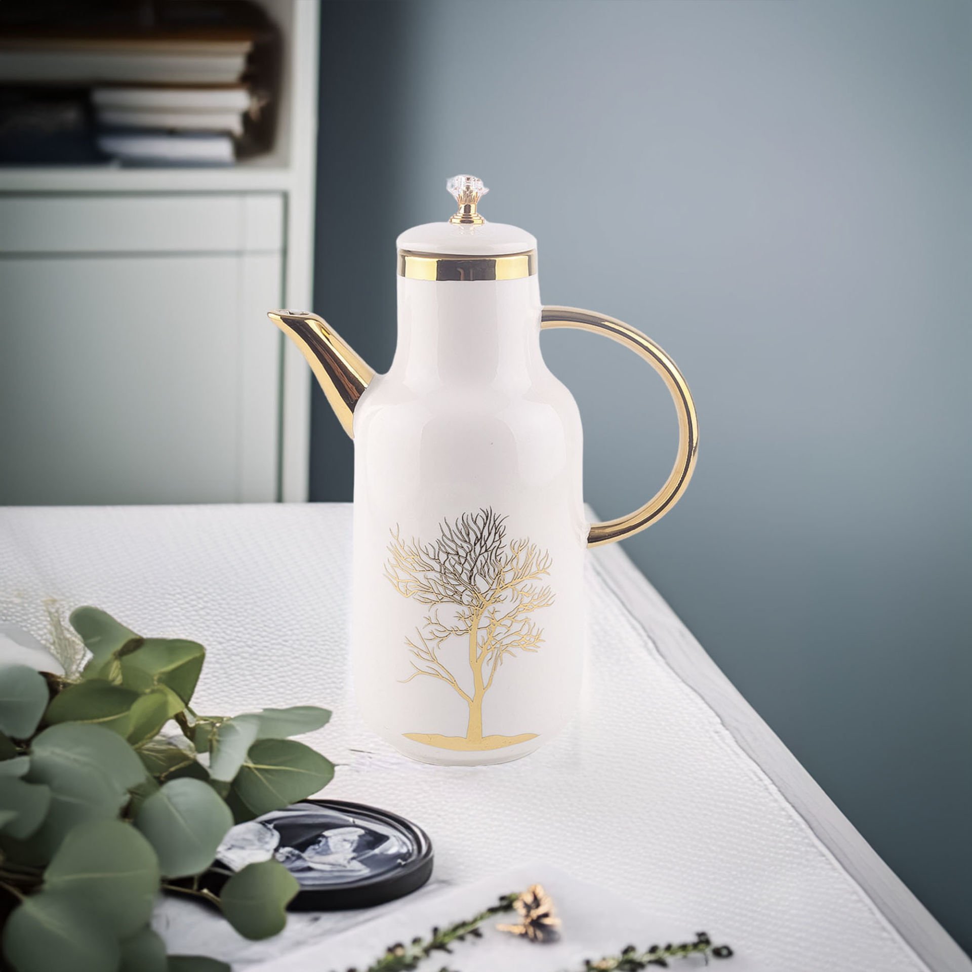 Autumn Gold Detaylı Hayat Ağacı Desenli Kristal Kapaklı Porselen Yağlık Yağdanlık Sirkelik