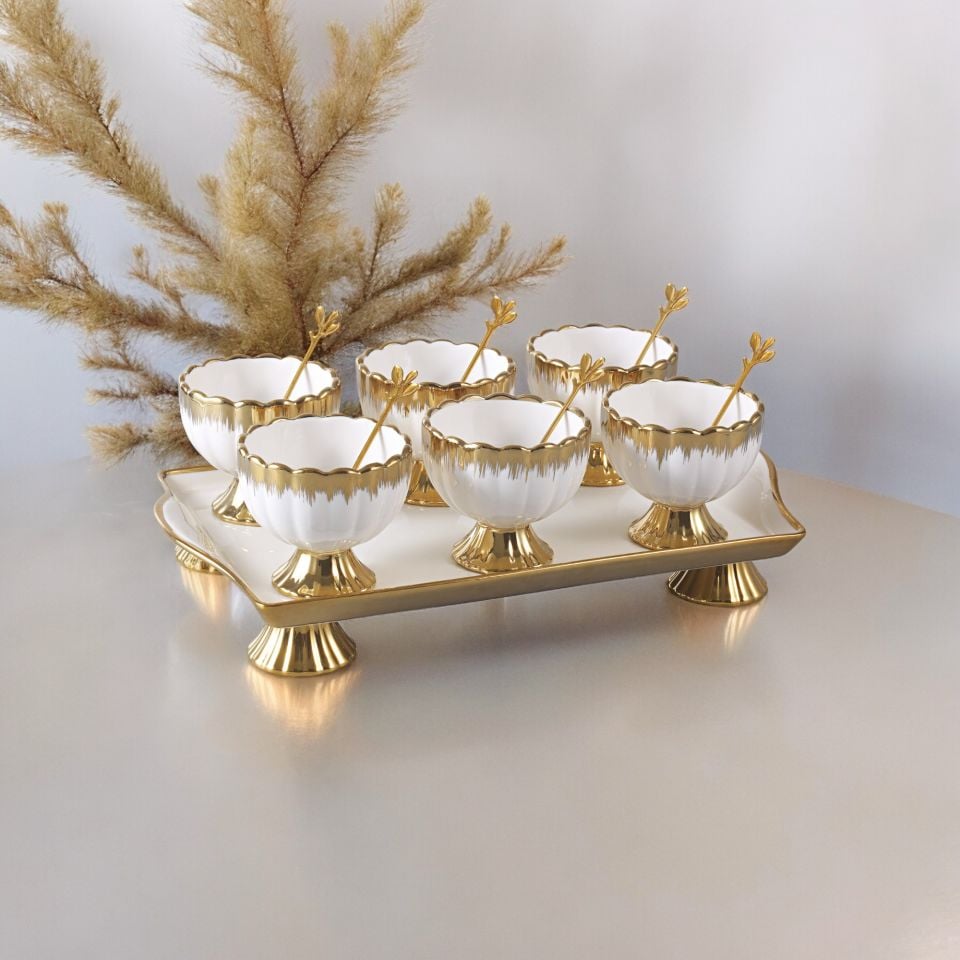 Autumn Gold Detaylı Metal Kaşıklı Porselen 6'lı Dondurma Kase Seti Çerezlik Reçellik Sosluk