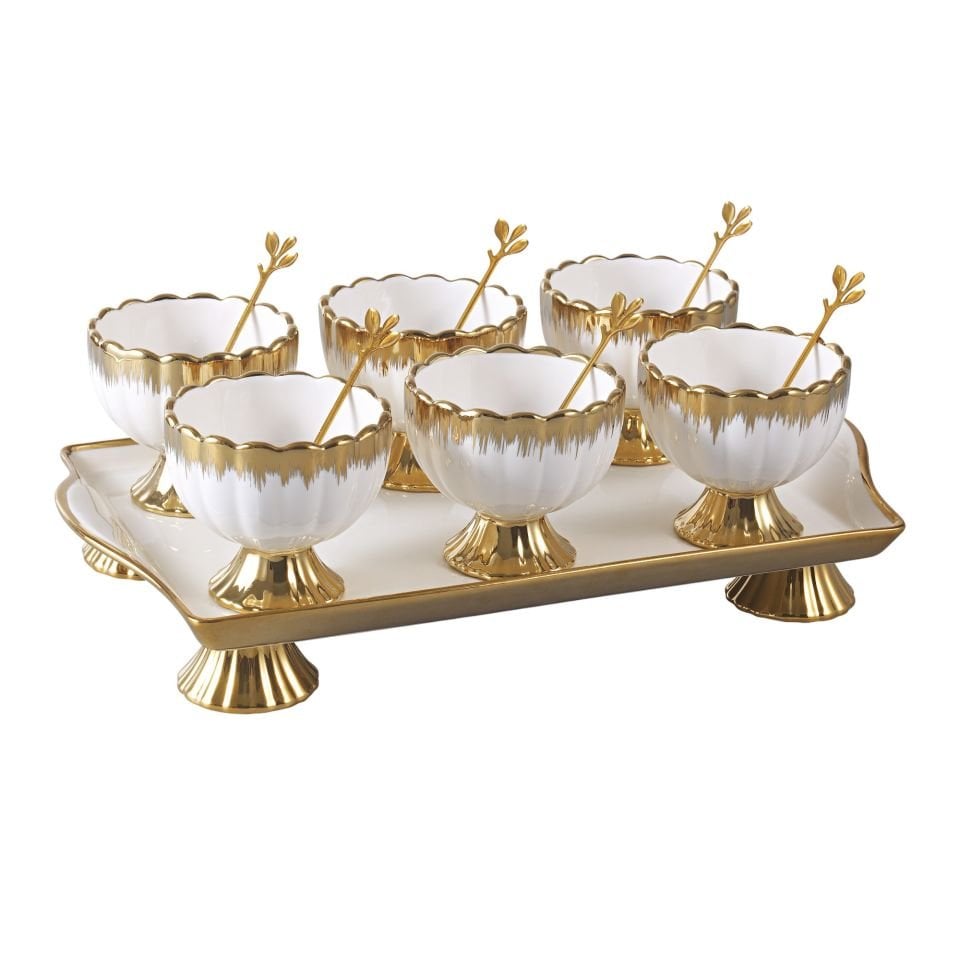 Autumn Gold Detaylı Metal Kaşıklı Porselen 6'lı Dondurma Kase Seti Çerezlik Reçellik Sosluk