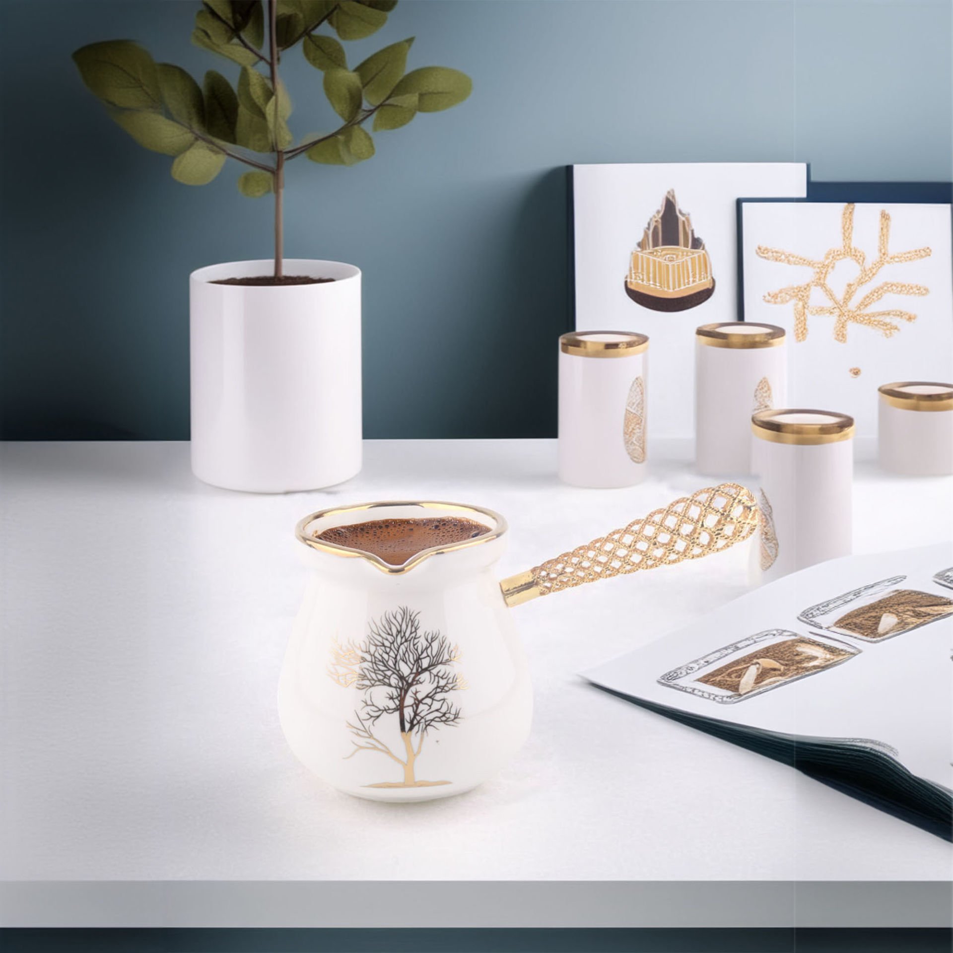 Violet Gold Kristal Saplı Porselen Cezve