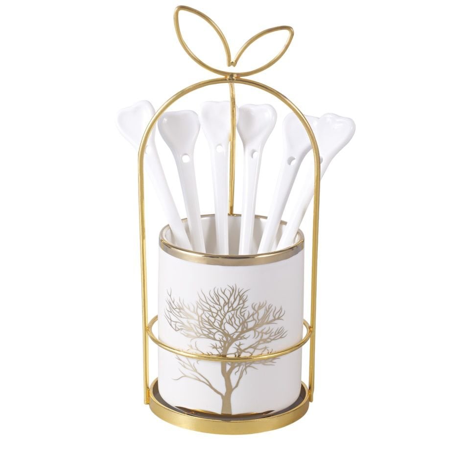 Gold Detaylı Ağaç Desenli Çatal Kaşık Takımı Standı ve 6 adet Porselen Kaşık