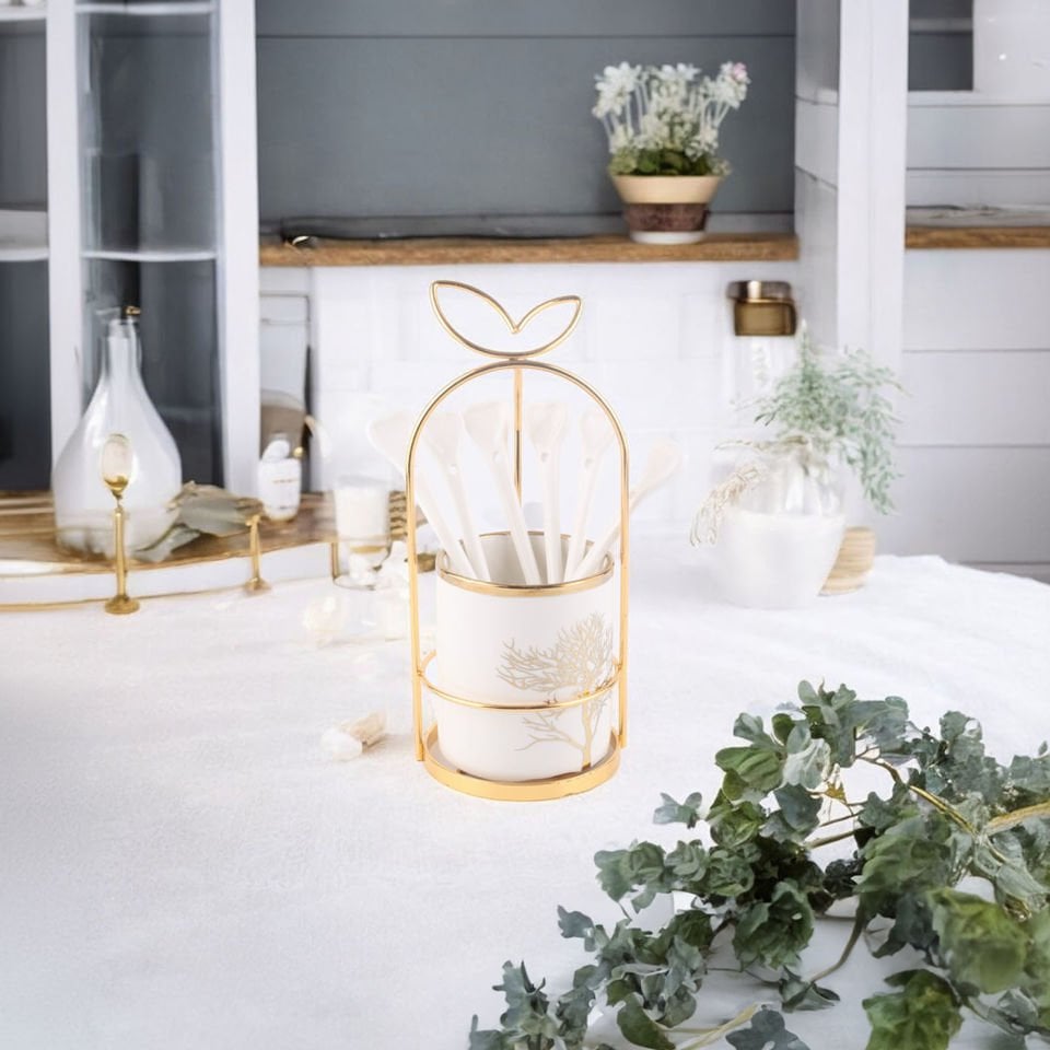 Gold Detaylı Ağaç Desenli Çatal Kaşık Takımı Standı ve 6 adet Porselen Kaşık