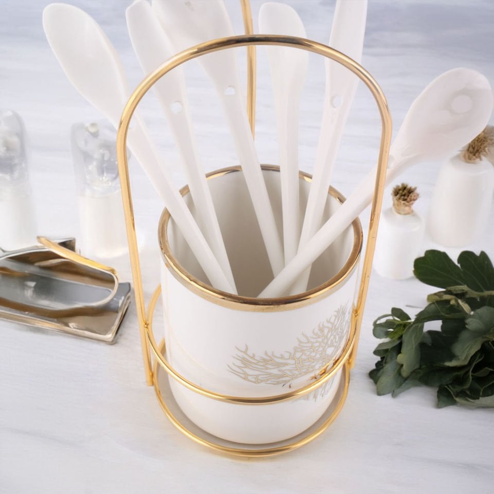 Gold Detaylı Ağaç Desenli Çatal Kaşık Takımı Standı ve 6 adet Porselen Kaşık