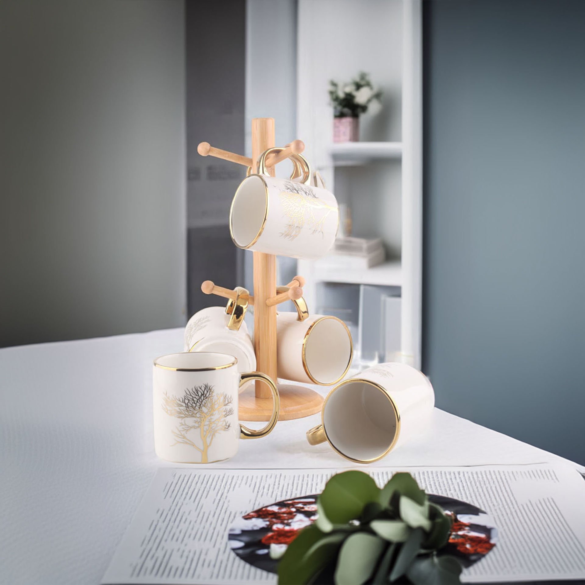 Autumn Gold Detaylı Hayat Ağaç Desenli Bambu Standlı 6'lı Kupa Seti