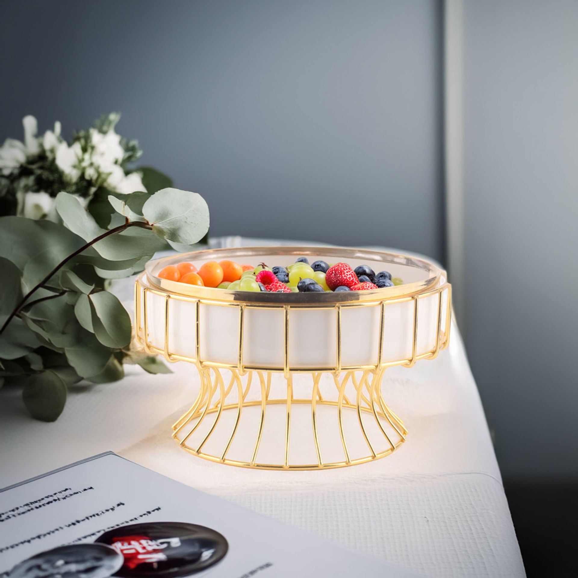 Autumn Gold Detaylı Hayat Ağaç Desenli Metal Standlı Sunum Servis Kasesi Porselen Yuvarlak Meyvelik