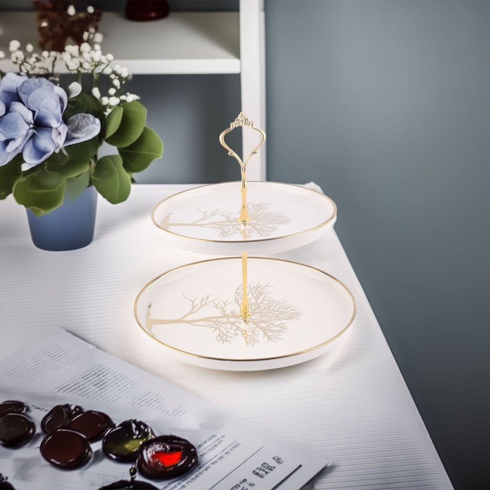 Autumn Hayata Ağacı Desenli Gold Kaplama Detaylı Porselen 2 Katlı Pasta Kurabiyelik Servislik