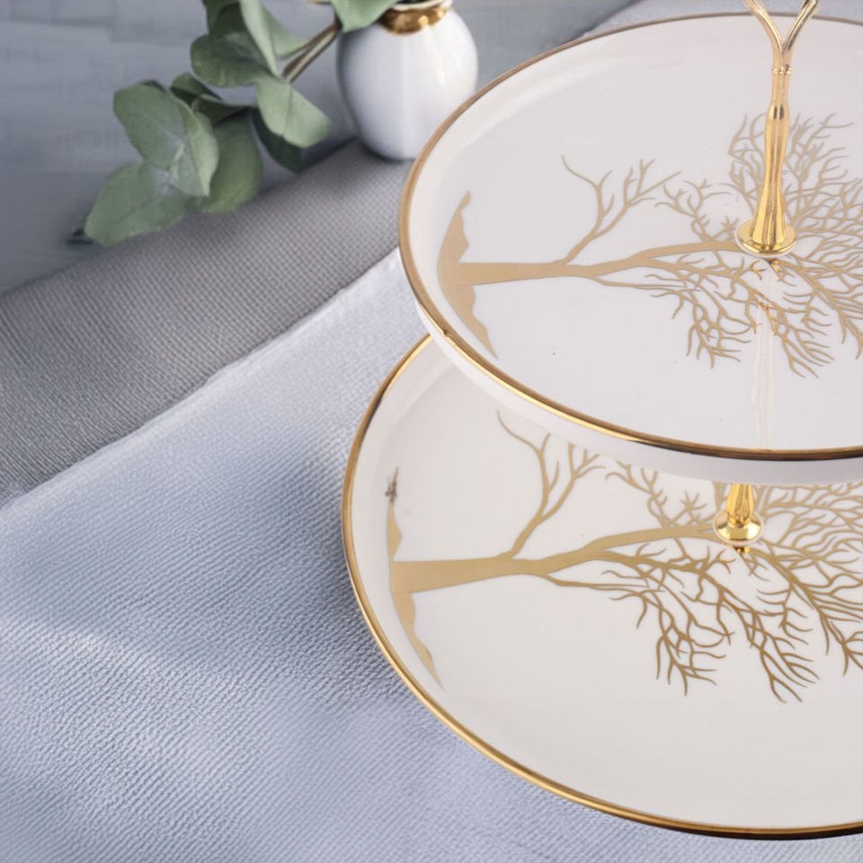Autumn Hayata Ağacı Desenli Gold Kaplama Detaylı Porselen 2 Katlı Pasta Kurabiyelik Servislik