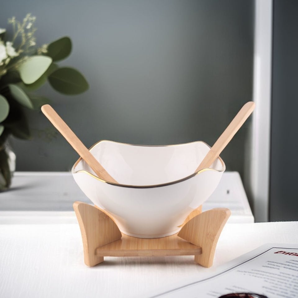 Bambu Standlı Gold Detaylı Porselen Yuvarlak Salata Kasesi Seti Servis Kasesi