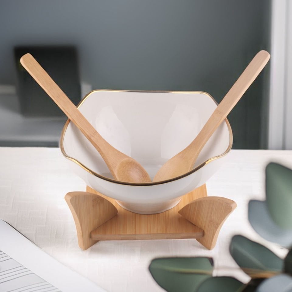 Bambu Standlı Gold Detaylı Porselen Yuvarlak Salata Kasesi Seti Servis Kasesi