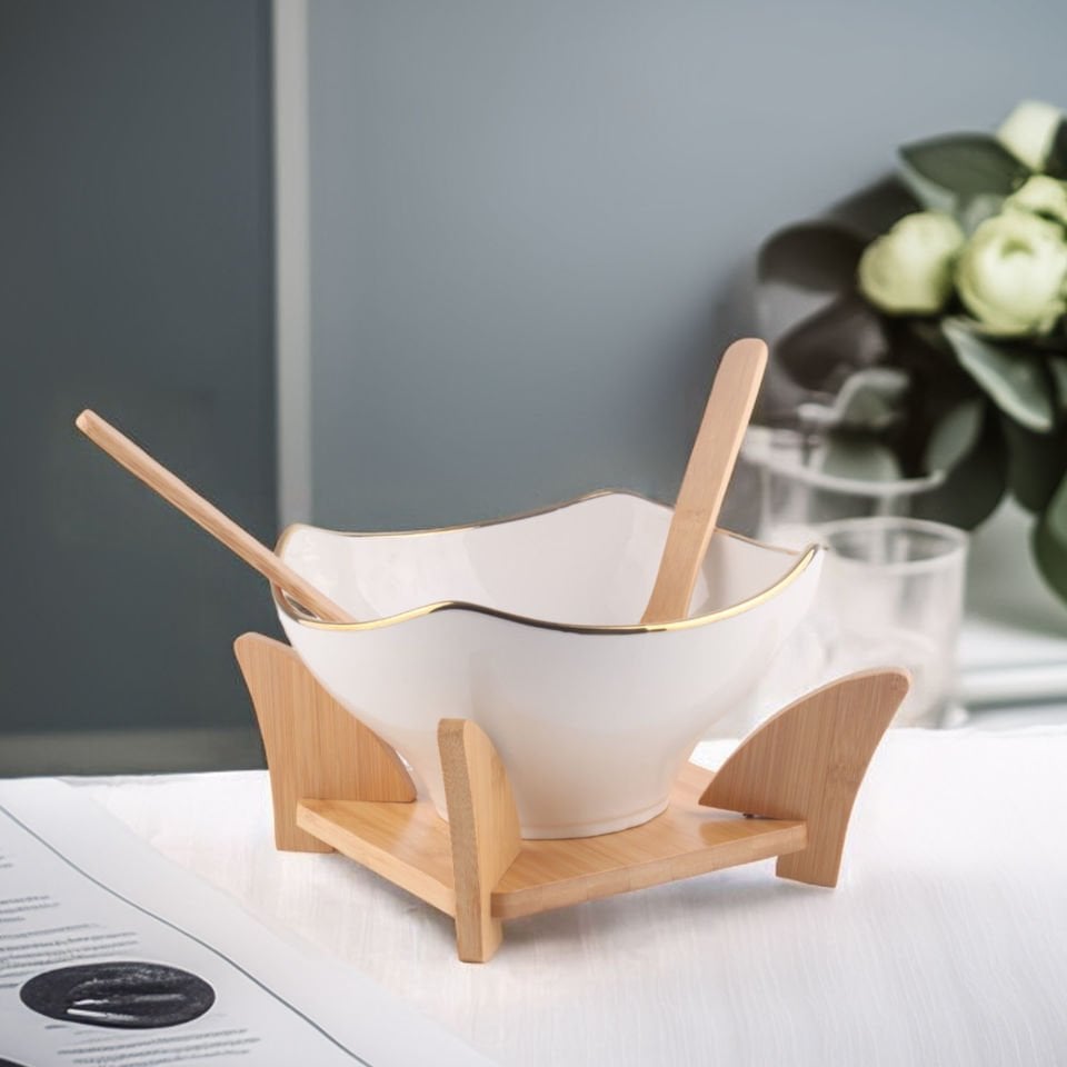 Bambu Standlı Gold Detaylı Porselen Yuvarlak Salata Kasesi Seti Servis Kasesi