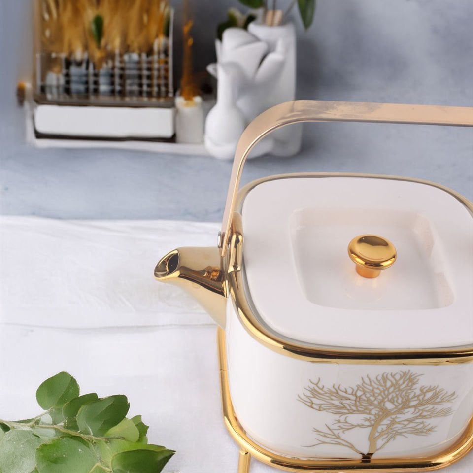 Autumn Gold Detaylı Lüks Porselen Demlik ve Kahve Fincan Seti