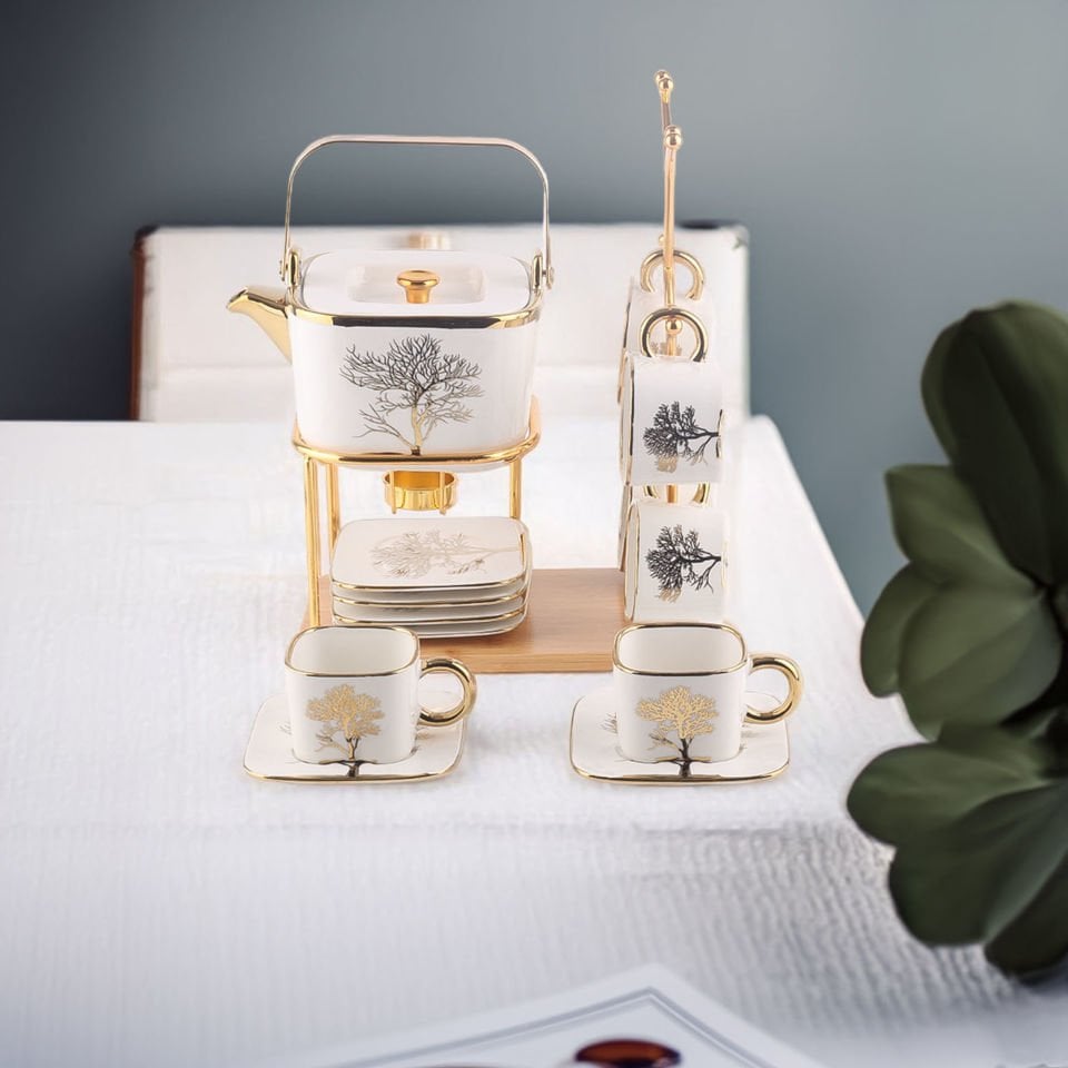 Autumn Gold Detaylı Lüks Porselen Demlik ve Kahve Fincan Seti