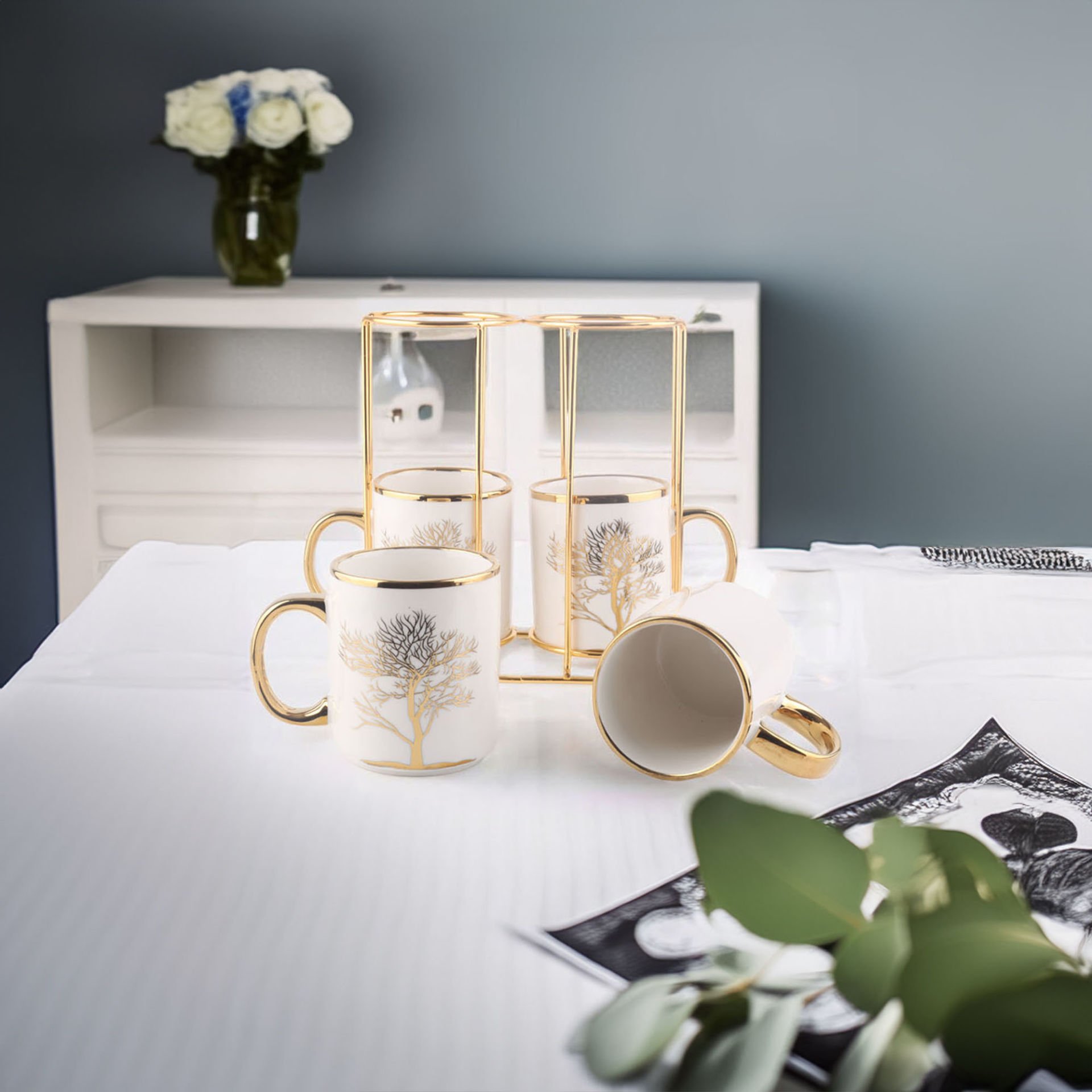 Autumn Gold Hayat Ağaç Desenli Standlı 4'lü Kupa Seti